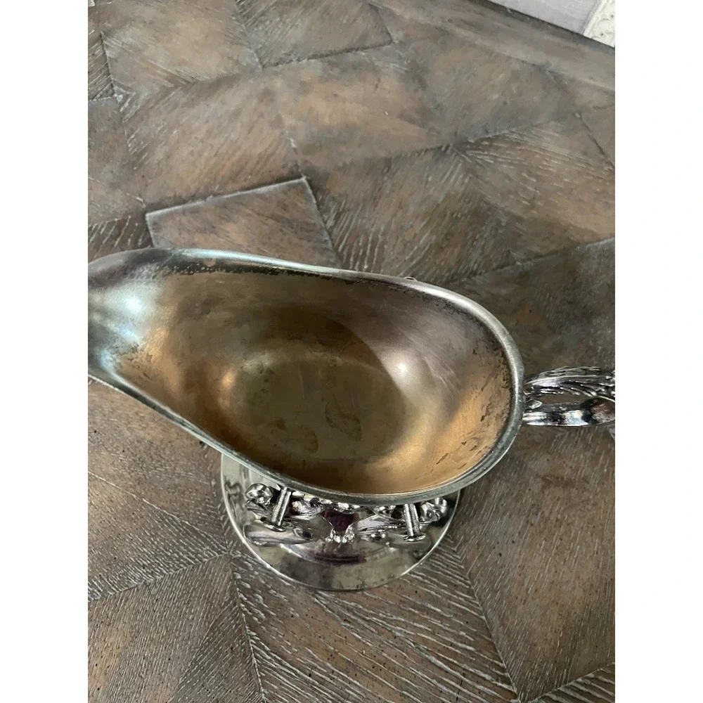 Vintage Ornate Silver‎ Plate Gravy Boat Server Pedestal With Warming Stand